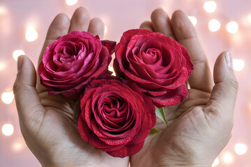 A pair of hands holding red roses