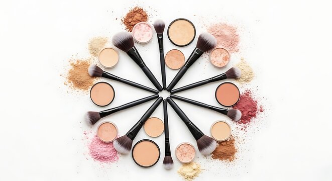 Flat lay of various foundation shades arranged in a circular pattern with scattered powder, beauty and cosmetics concept, diverse skin tones, clean white background, professional makeup presentation.