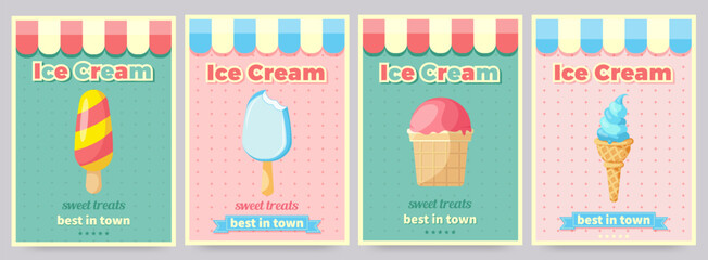 Retro Ice cream poster collection. Sweet ice cream shops flyers, banners on vintage background with typography elements. For kids menu, cafe, posters, cards, cafeteria advertisement