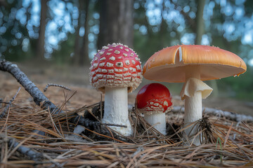 Amanita muscaria mushrooms growing in forest