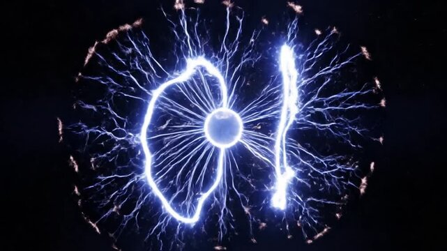 Close-up view of a plasma ball with vibrant blue electrical discharges reaching out from the central electrode in a dark setting.