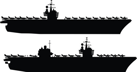 Modern aircraft carrier silhouette with fighter jets on deck, naval military warship maritime defense illustration © Creatives World