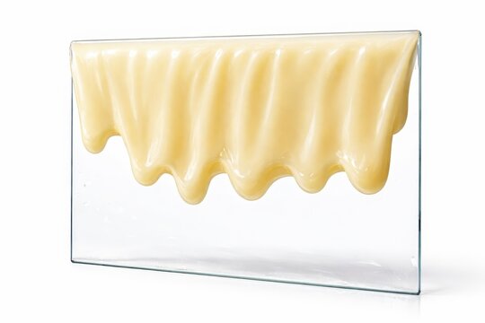 Sweetened condensed milk flowing as smooth curtain across glass frame with scalloped edge and fine ripples