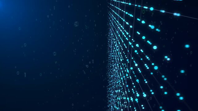 Seamless loop of a blue geometric grid with floating binary code. Ideal for cloud computing, cybersecurity, and global network backgrounds.