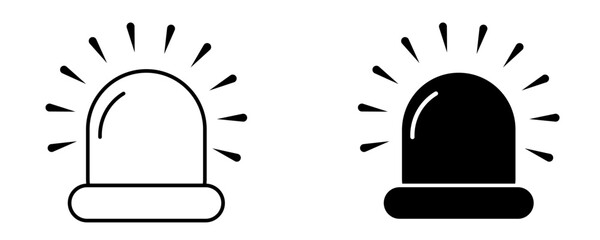 Emergency siren alarm light icon set with outline and solid styles, flashing warning beacon symbols for police, ambulance and fire rescue services, vector illustration isolated on transparent backgrou