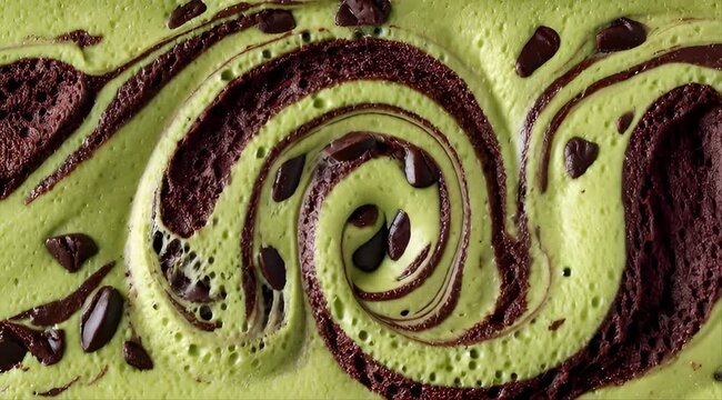 Close up of swirled green and chocolate batter with chocolate chips