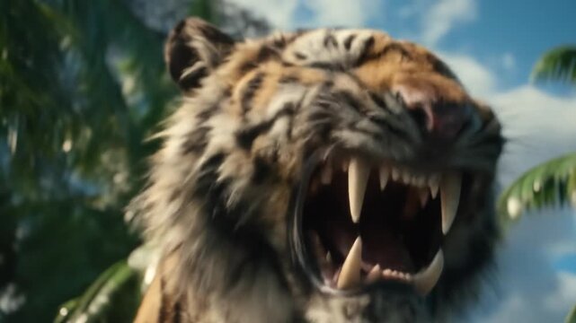Powerful tiger roaring fiercely, mouth open revealing sharp fangs and teeth. Majestic wildcat in lush green jungle habitat, close-up.