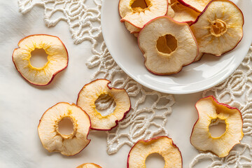 Dried apple slices on white plate and table
