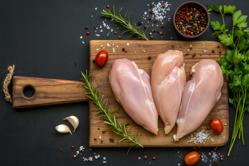 Fresh chicken breasts on wooden cutting board
