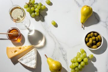 Fresh fruit and cheese platter on marble