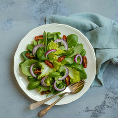 Fresh green salad with red onions