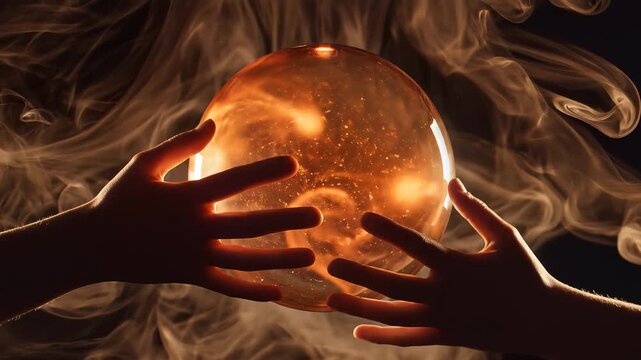 Mysterious Hands Holding a Glowing Crystal Ball Surrounded by Smoke.