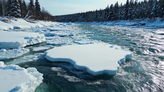Beautiful winter river with large ice floes floating downstream through a snowy