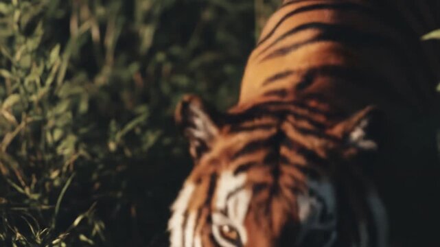 Intense gaze of a powerful tiger emerging from dark jungle foliage, a majestic striped predator in the wild.