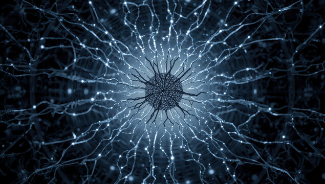 Glowing neural network hub radiating filament connections in cool blue light