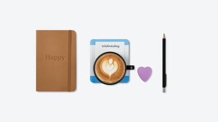 A cozy coffee-themed stationery set with a notebook, pencil, and coffee art sticker