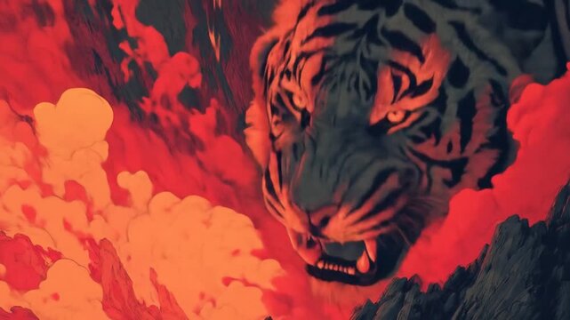 Powerful digital art illustration of a fierce tiger emerging from vibrant red and orange fiery smoke, a symbol of strength and danger.