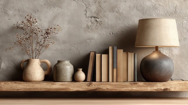 Modern home interior with a floating wooden shelf holding a lamp, books, and decorative objects against a brown wall, warm ambient lighting, photorealistic 3D render.