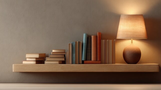 Modern home interior with a floating wooden shelf holding a lamp, books, and decorative objects against a brown wall, warm ambient lighting, photorealistic 3D render.