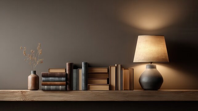 Modern home interior with a floating wooden shelf holding a lamp, books, and decorative objects against a brown wall, warm ambient lighting, photorealistic 3D render.