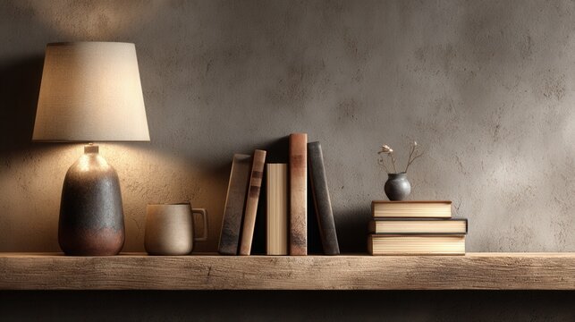 Modern home interior with a floating wooden shelf holding a lamp, books, and decorative objects against a brown wall, warm ambient lighting, photorealistic 3D render.
