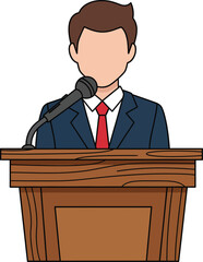 Faceless cartoon businessman in a blue suit and red tie giving a speech at a wooden lectern.