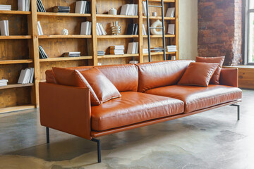 Stylish brown leather sofa placed in loft style office, library interior with wooden bookshelves with books. Cozy business lounge area with modern design, concrete floor and minimalist decoration © katyamaximenko