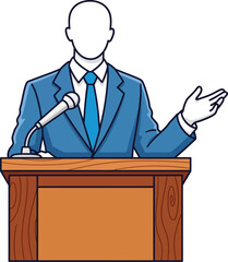 Faceless cartoon businessman in a blue suit gesturing while speaking at a wooden podium with a microphone.