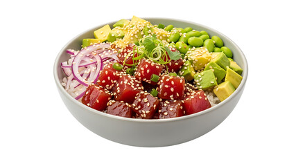 A delicious poke bowl with tuna, avocado, and edamame on transparent background