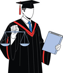 Faceless law school graduate in a black academic gown holding the scales of justice and a blue book.