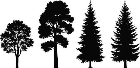 "Tree silhouette illustration, diverse tree shapes, deciduous and coniferous trees, botanical diversity, forest ecosystem, nature conservation, black artwork design" © Sojib