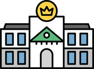 Filled line icon of a stately white building with a large golden crown emblem.