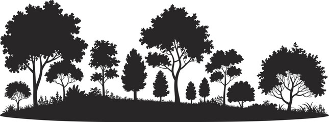 "Forest silhouette illustration, diverse trees and plants, woodland ecosystem, biodiversity concept, nature conservation, black silhouette landscape design background"