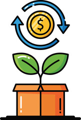 Financial growth icon with a dollar coin circular arrows and a green sprout growing from a cardboard box.
