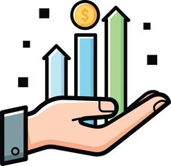 Hand holding a colorful rising bar chart with arrows and a dollar coin symbolizing financial growth and success.