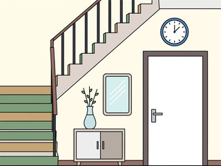 Flat vector illustration of a home interior hallway with a staircase closed door wall clock and a small decorative cabinet.