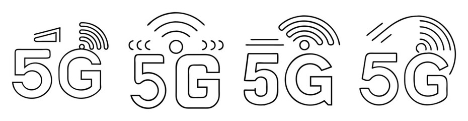 Multiple variations of 5G network logo design in simple outline