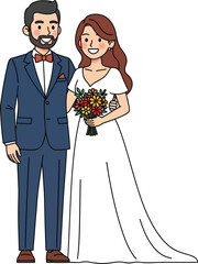 Happy Cartoon Wedding Couple Bearded Groom in Blue Suit and Bride in White Gown.