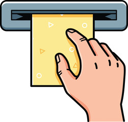 Illustrated cartoon hand with an extended index finger inserting a yellow ticket into a gray machine slot.