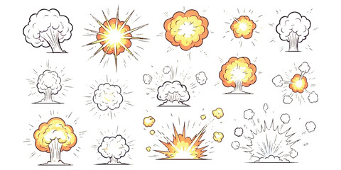 A collection of cartoon explosion and smoke cloud illustrations in various styles and phases © Victor creative 