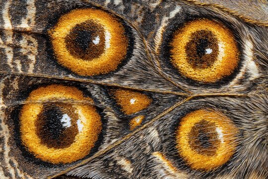 Close-up of a butterfly wing, showing intricate patterns and eye-spots
