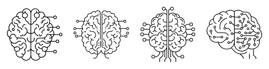 Stylized vector drawings of human brains with digital circuit board connections
