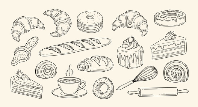 Hand drawn collection of delicious bakery items and baking tools on a light background
