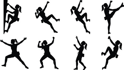 Female rock climber silhouettes set, woman climbing wall and bouldering poses, extreme sport, strength training and outdoor adventure vector illustration isolated on light background © Shahariar's World