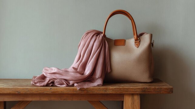 Wooden bench against a light green wall. on the bench, there is a beige handbag with a brown leather handle. the handbag is placed next to a pink scarf that is draped over the bench.