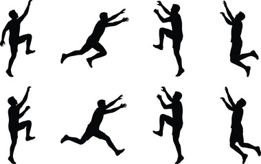 Jumping man silhouettes set, male athlete in dynamic leap poses, action movement, fitness training and active lifestyle concept isolated vector illustration on light background