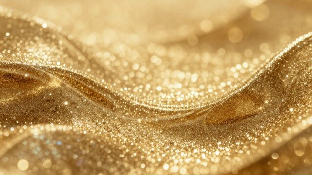 A golden silk Christmas background with a macro pattern of dew drops on a jewelry pearl and wet leaf texture creates a luxurious holiday celebration aesthetic