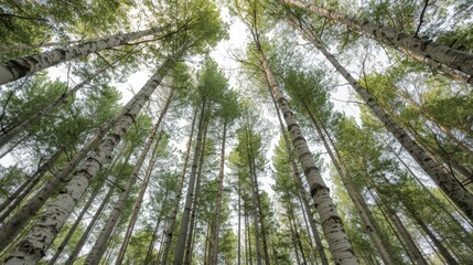 Fototapeta premium Towering trees reach up to a bright blue sky, their leaves rustling in the wind.