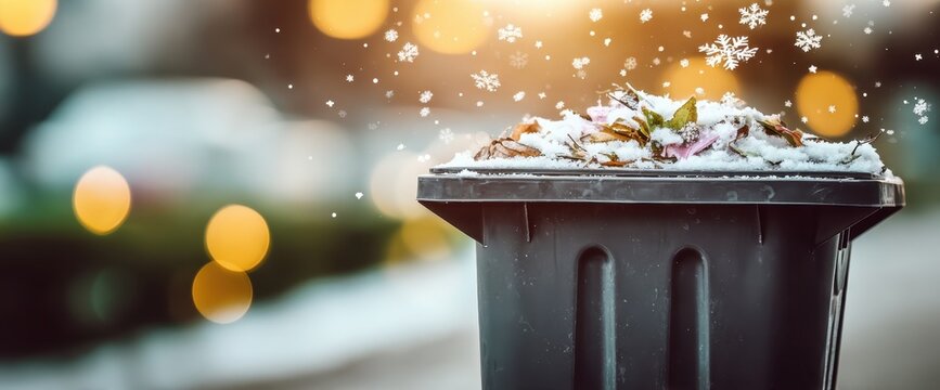 Waste bin overflowing with winter snow and fallen leaves on blurry background 