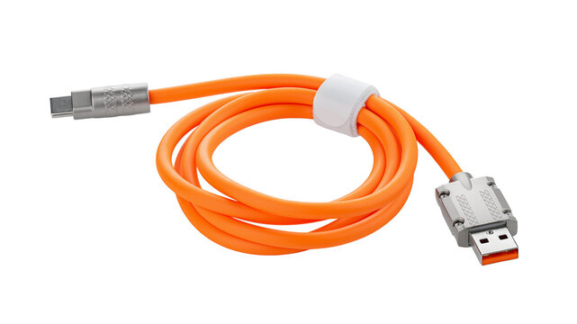Colored cable with USB and Type-C connectors, on a white background	
